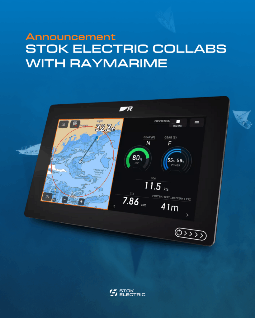 Electric propulsion system data from STOK Electric shown on Raymarine chartplotter via NMEA2000 integration, including battery SOC, range, and motor power.